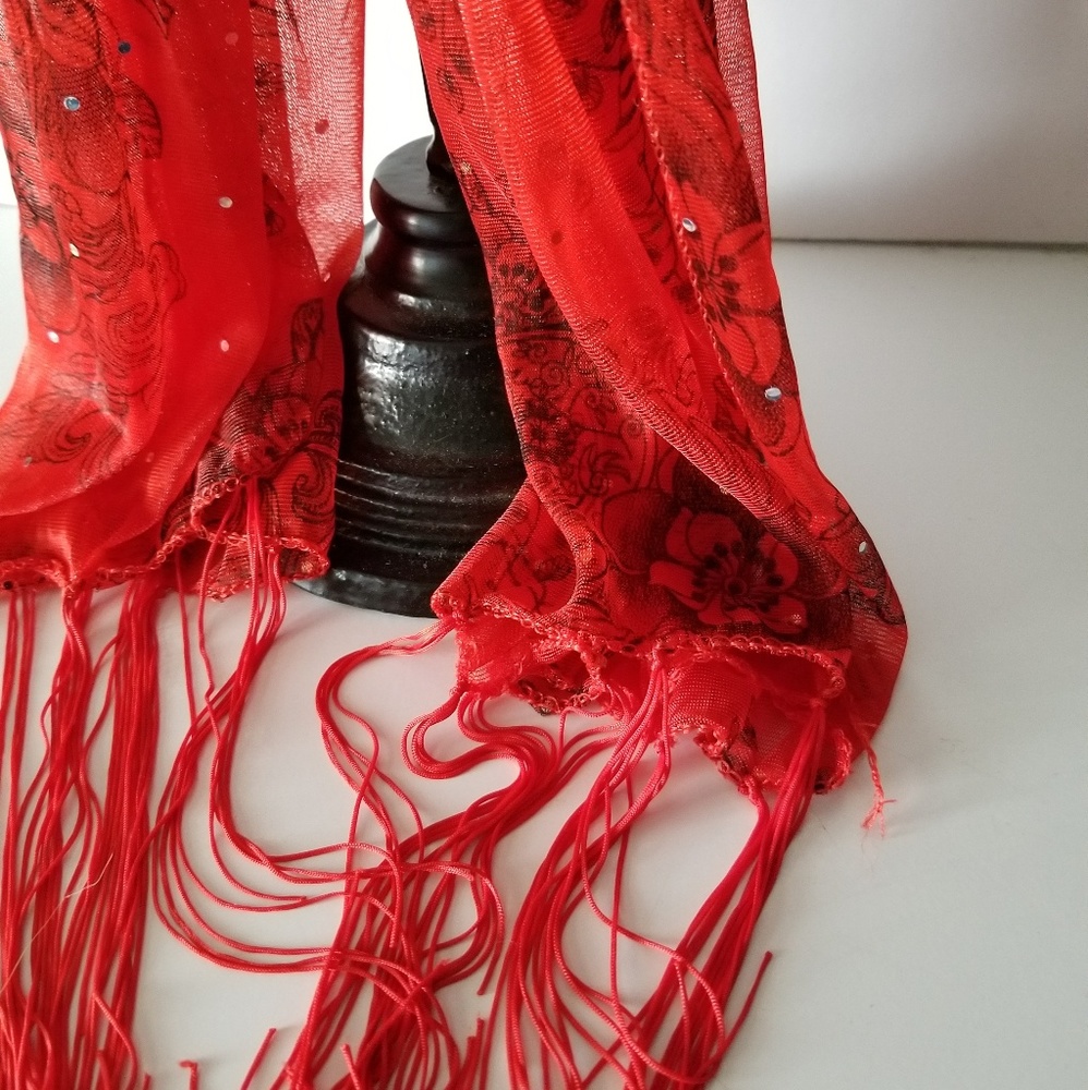 Sexy Red and Black Sequin Floral Tattoo Skinny Scarf